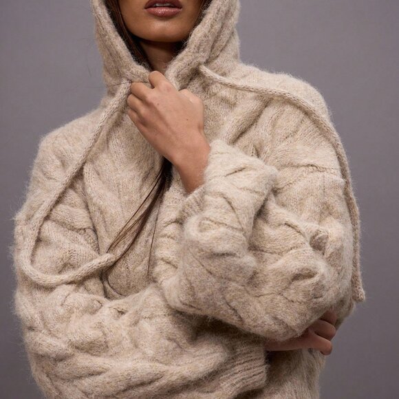 Khaki Casual Women's Chunky Oversized Hooded Cable Knit Sweater - Picture 3 of 6